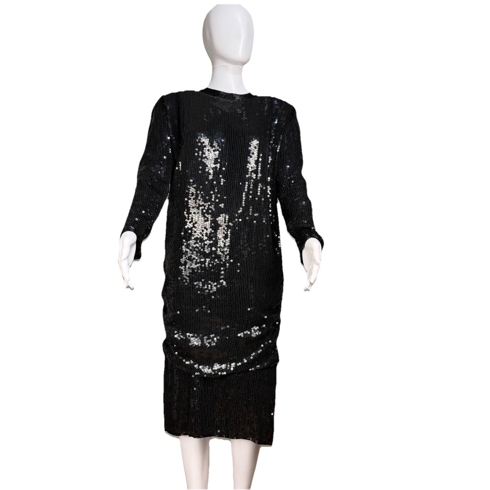Judith Ann Creations black Sequin Beaded Full Length Dress Gown 100% Pure silk S